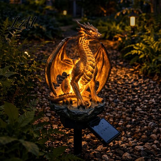 Golden Gorilla Solar Sculpture Dragon Garden Statue Light Gothic Medieval Resin Outdoor Lantern Sculpture Magical Fantasy Decor for Yard Patio,