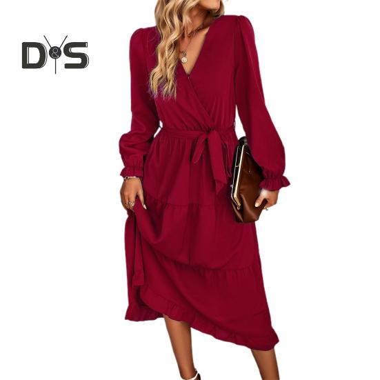 

Женское платье макси с длинным рукавом, повседневное, А-силуэт, свободное, струящееся, многоярусное, длинное, летнее, с V-образным вырезом, со шнуровкой, пляжный сарафан S вино красного