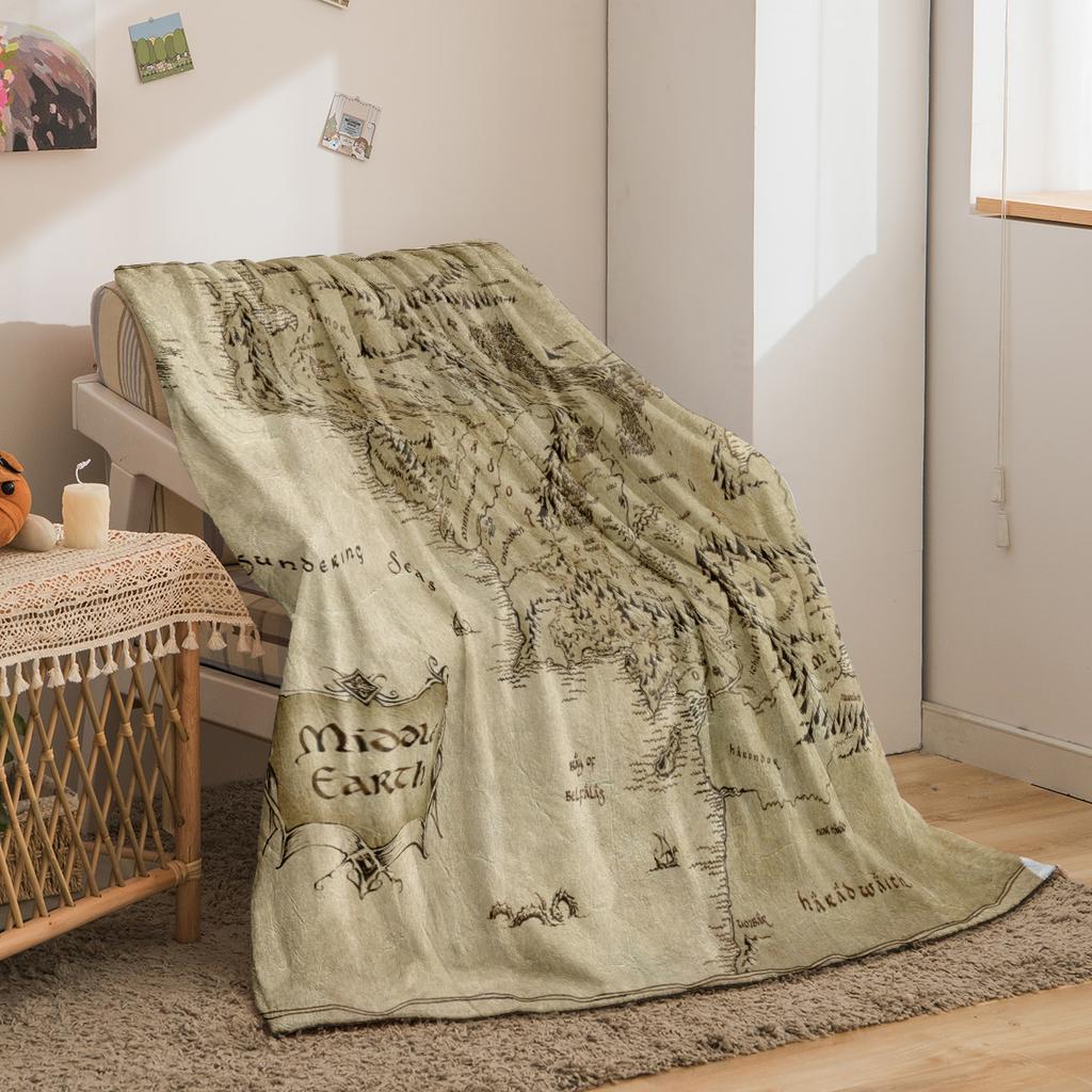 1PC MIDDLE EARTH map printing, skin -friendly, warm, soft, four seasons, family offices, family offices thicken flavor blankets