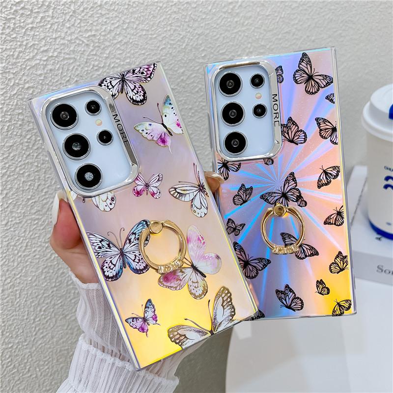 Fashion Ring Holder Butterfly Raser Electroplated Phone Case for Samsung S24 S23 FE S22 Ultra A55 A35 A25 A15 A54 A14 A34