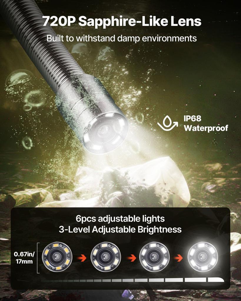 Sewer Camera, 20m Drain Inspection Camera, IP68 Waterproof Snake Plumbing Cameras with Lights - 6 Adjustable LEDs, 4500mAh Battery & 16GB Card for