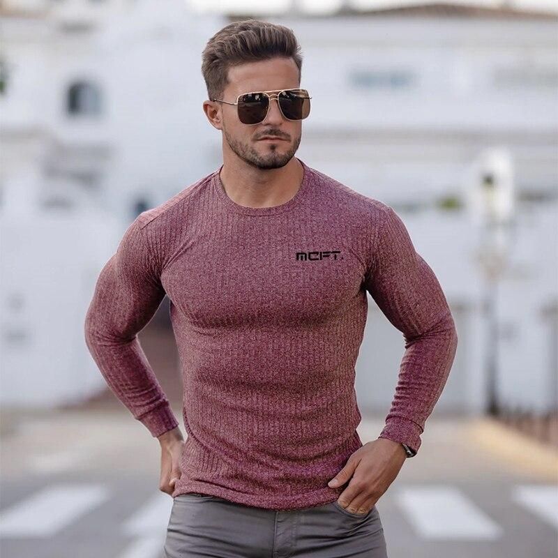 Muscleguys Fashion Plain Colour Thin Knit Shirt Long Sleeved Men's Casual Fitness Clothes M-2XL 5 Colors