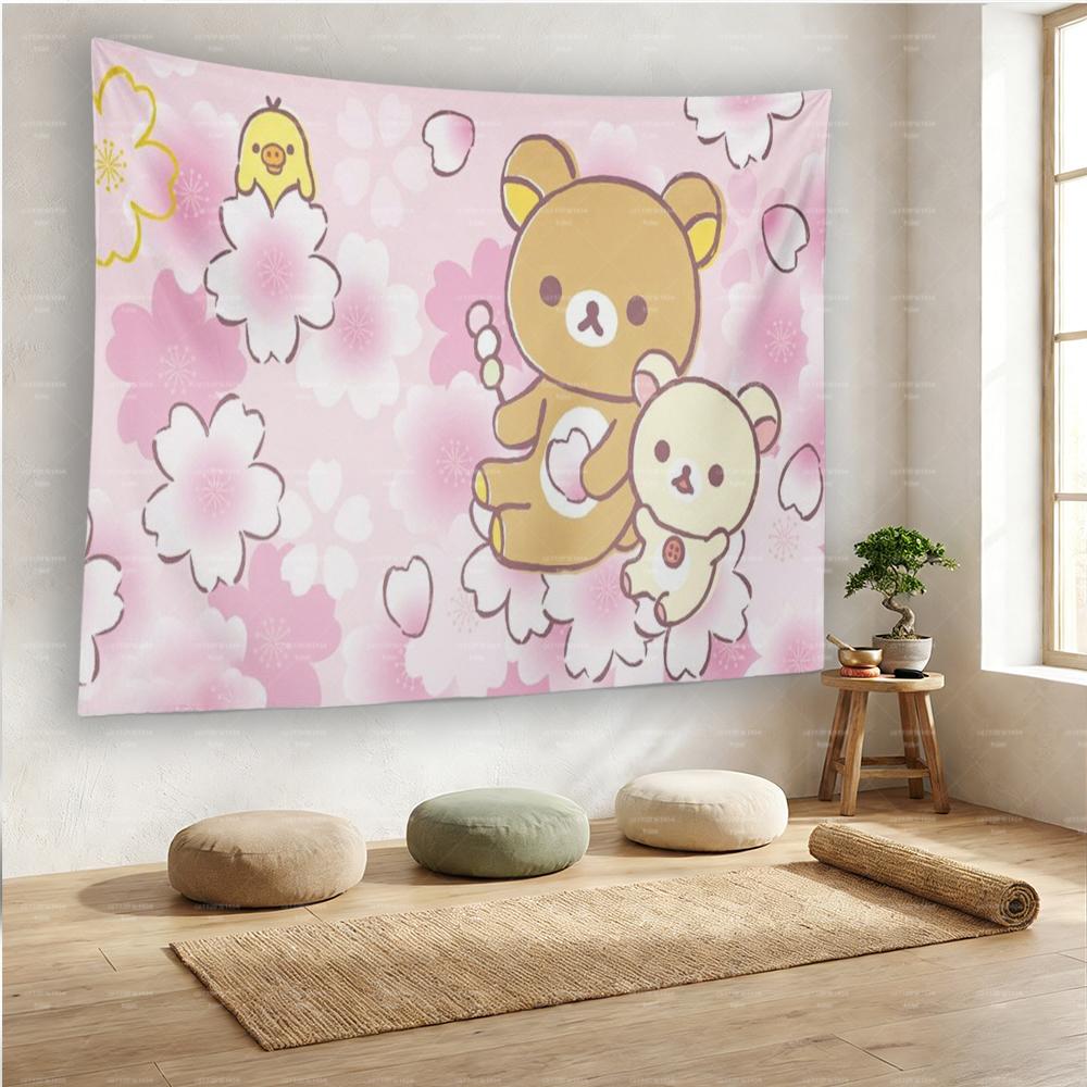Kawaii Cherry Blossom Bear Floral Wall Tapestry Cute Aesthetic Dorm Wall Hanging