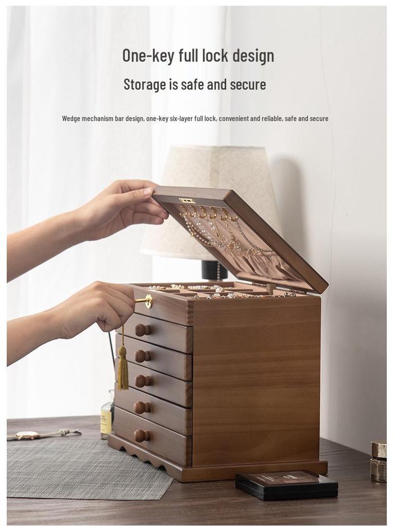 High-End Vintage Solid Wood Multi-layer Jewelry Box with Lock - Large Capacity for Necklace & Ring Storage
