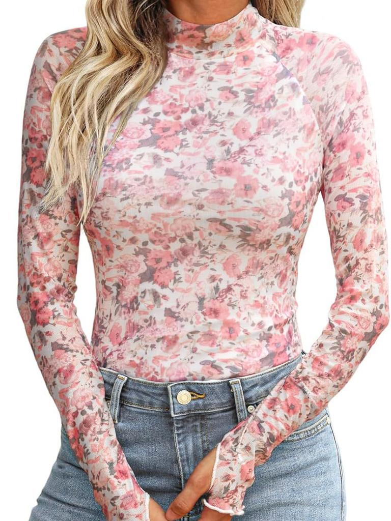 Turtleneck Long Sleeve Lace Floral Mesh Undershirt Top Women's
