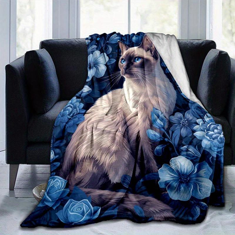 

1pc. Blue Floral Cat Print Blanket - Home Office Outdoor Gift Suitable for All Seasonsz041720 75x90cm