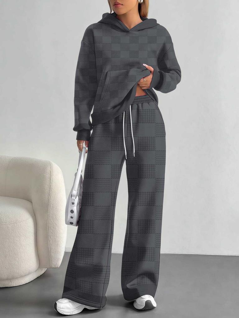Square Splicing European, American Autumn and Winter Casual Long-sleeved Suit Women's Hooded Sweater Trousers Two-piece Set