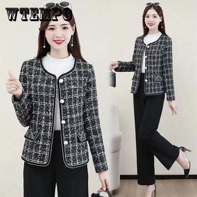Spring and Autumn Fashion Middle-aged Women's Small Fragrant Style Short Coat Houndstooth Mother Round Neck Cardigan Top