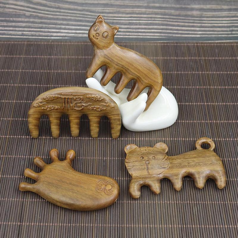 Natural Wooden Wide Tooth Mini Handle Comb Meridian Massage Anti-static Head Five Claw Massager Promote Blood Circulation