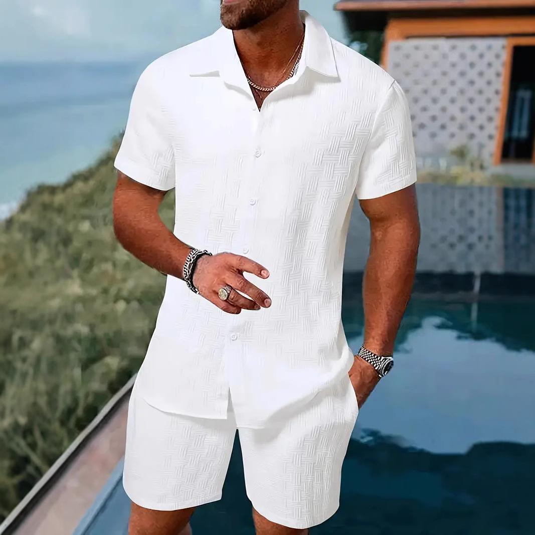 

2026 European and American Summer Jacquard Solid Color Suit Short-sleeved Men s Vacation Casual Style Shirt and Shorts Two-piece Set S белый