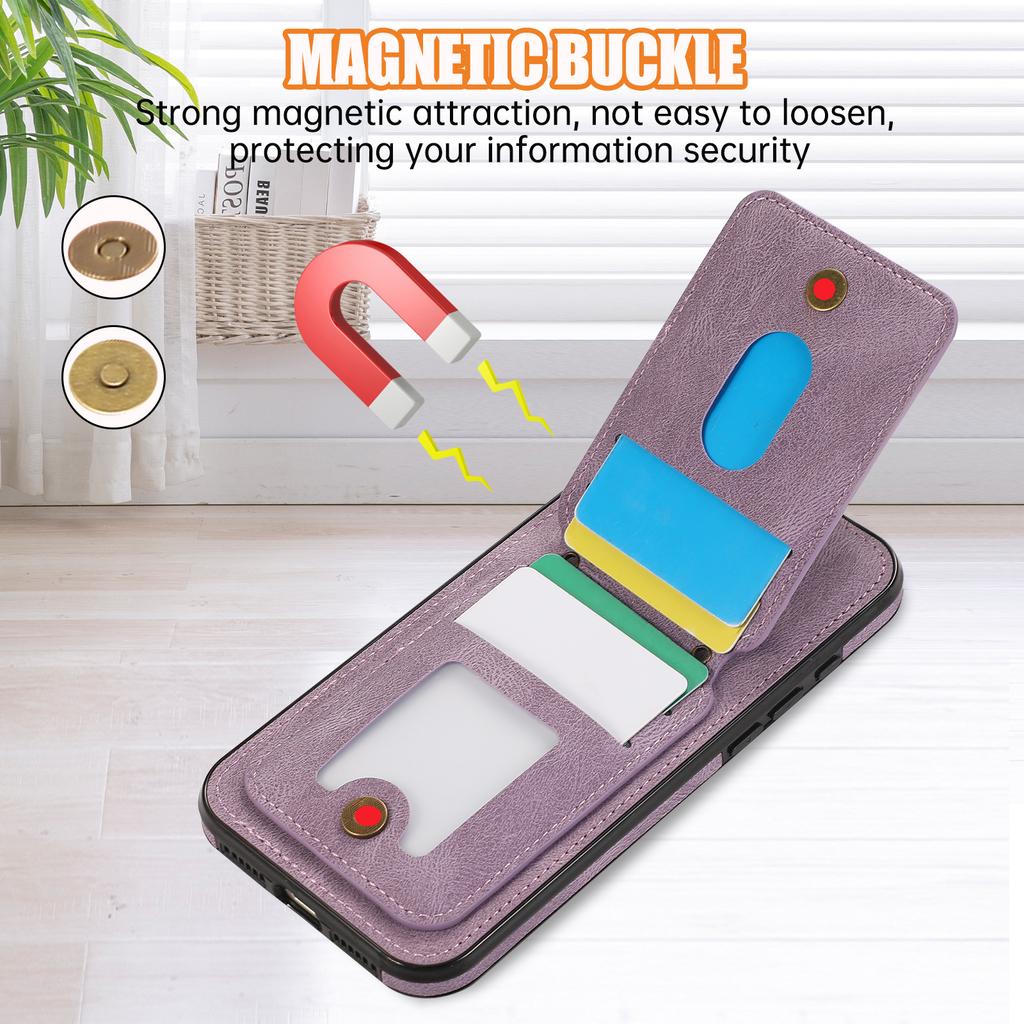 For iPhone 16 Case Card Holder Kickstand Leather+TPU Phone Cover with Shoulder Strap