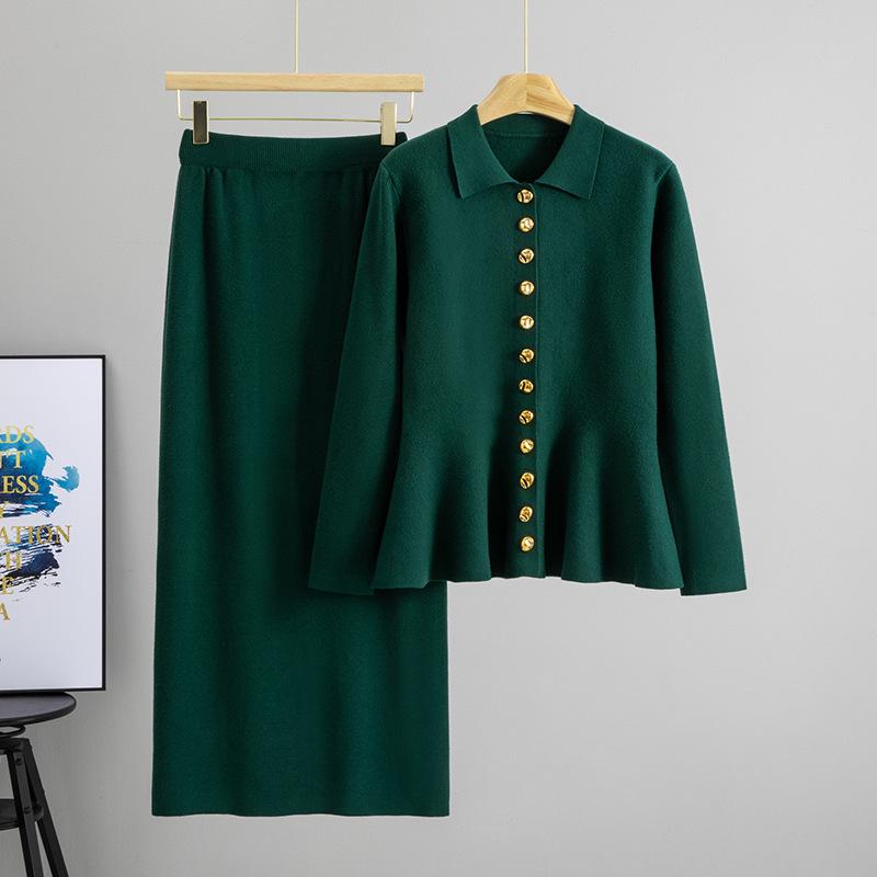 Women's Spring/Fall Elegant POLO Collar Ruffle Cardigan Sweater & Hip-Hugging Skirt Two-Piece Set
