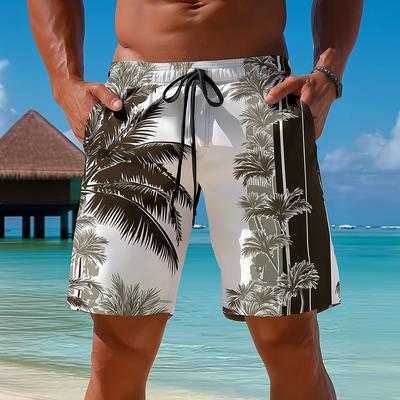 Herren Kokospalme Lässige Shorts Mittlere Taille Hawaiianischer Vibe Kordelzug Taille Seitentaschen Urlaubsbekleidung für Frühling & Sommer