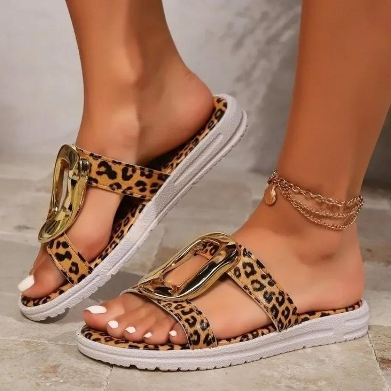 Women's Shoes 2024 Summer High Quality Open Toe Ladies Slippers Fashionable Leopard Color Metal Decoration Flat Beach Shoes