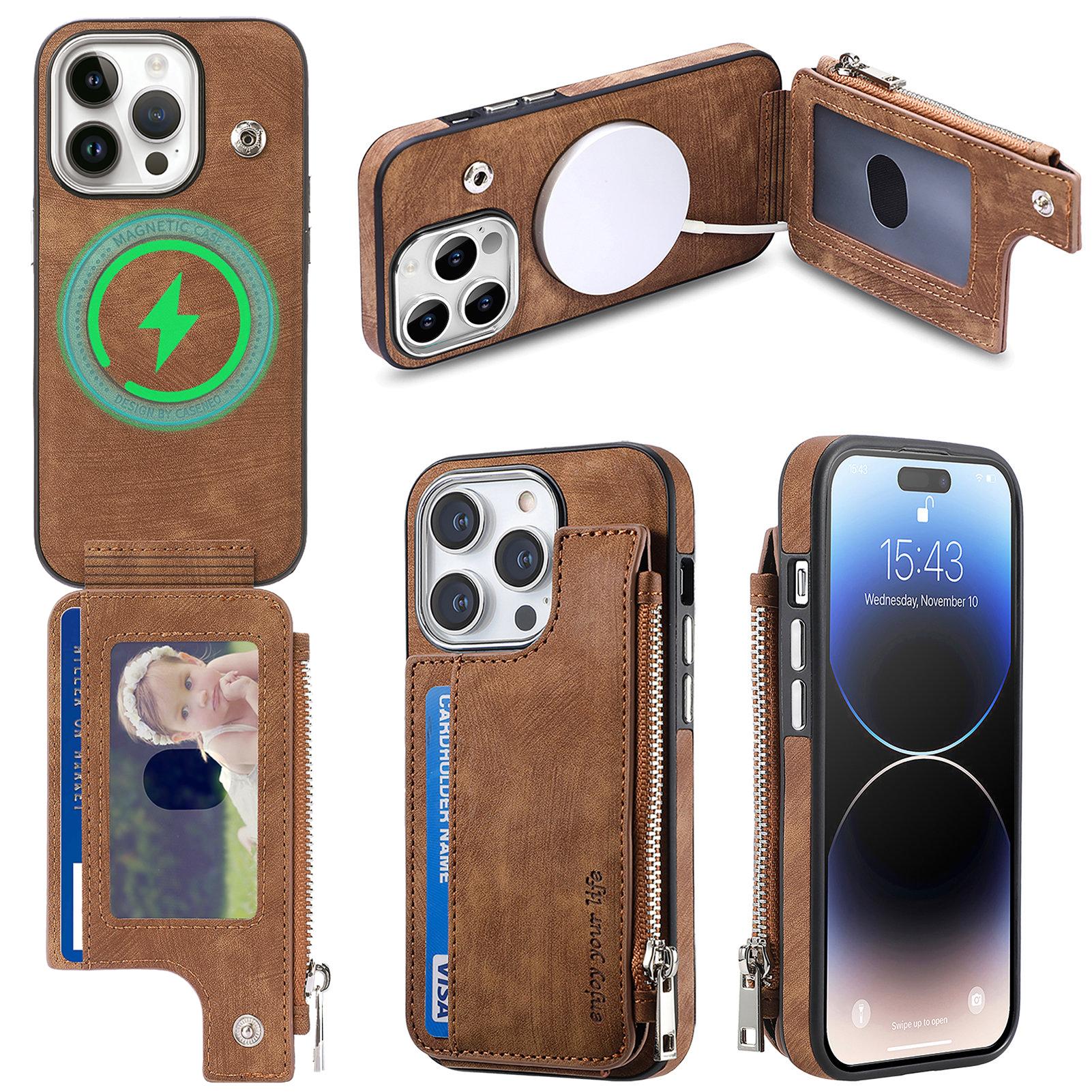 

For iPhone 14 Pro Max Magnetic Case Card Holder Kickstand TPU+Leather Back Cover Brown