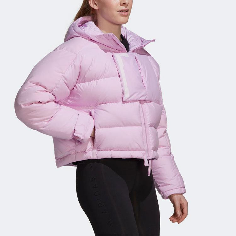 Adidas Drei Streifen bedruckte Kapuzen-Kurzdaunenjacke Damenjacke Pink HG3164