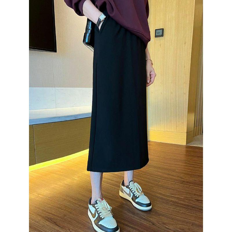 Plus-Size Black Mid-Length A-Line Skirt for Women, Spring/Summer, Petite, High-Waisted, Slimming, with Back Slit, Straight Skirt