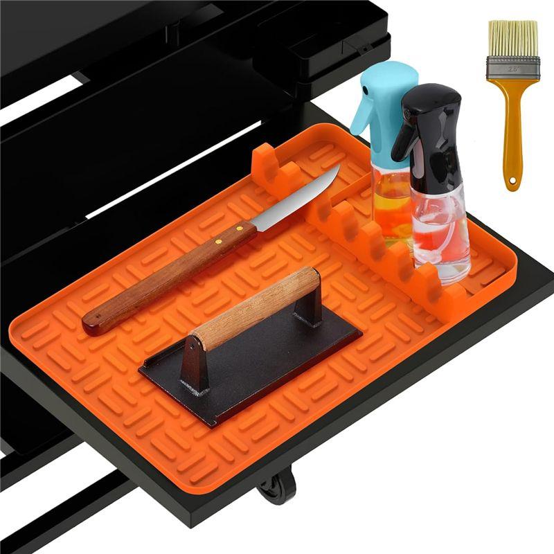 AEE4-Silicone Griddle Tools Mat ,Spatula Mat With Drip Pad,Side Shelf Mat Grill Utensils Holder Griddle Accessories
