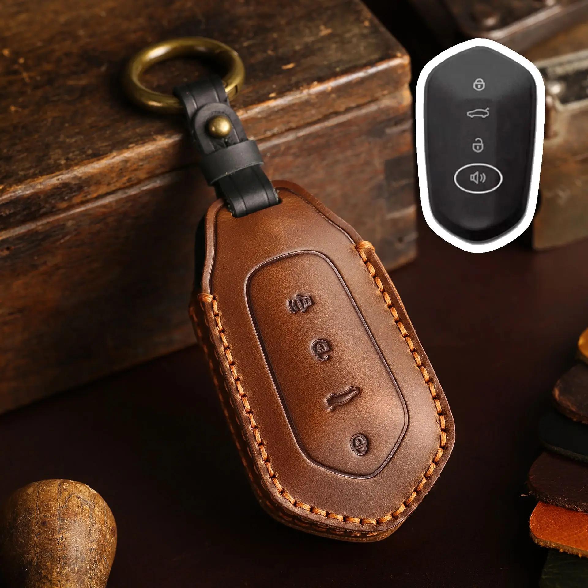 

Leather Car Key Cover Keychain Holder Case Protector for Geely LIVAN 7 EV 2023 2024 Keyless Go 4 Button Remote Shell Accessories коричневый