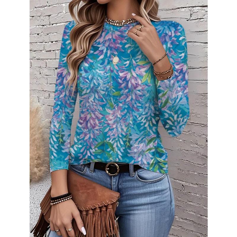 Spring and Autumn Round Neck Flower Pattern 3D Printed Top Fashionable Casual Long Sleeved Women's T-shirts