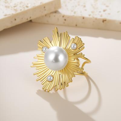 Teamer Sun Flower Pearl Open Ring Stainless Steel Finger Adjustable Rings For Women Girls Trendy Flower Jewelry Wedding Gift New