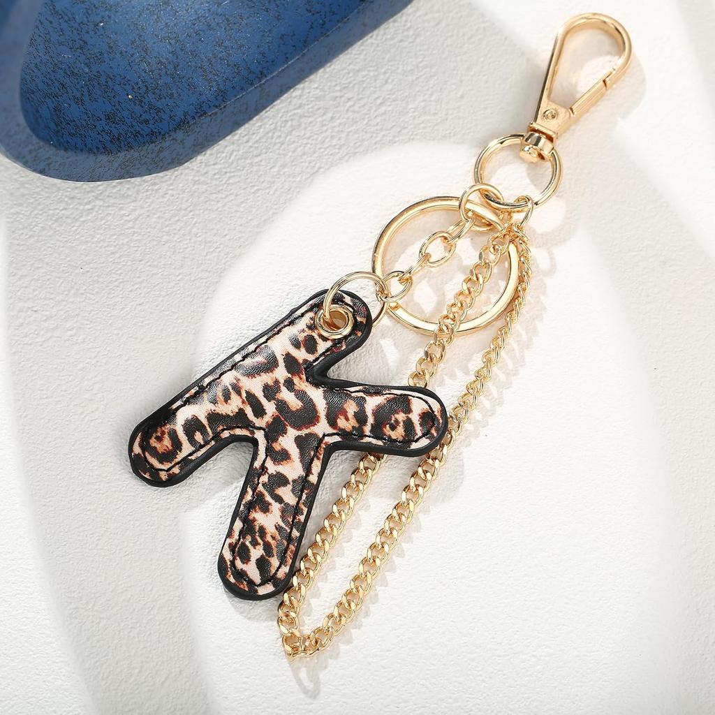 Leopard Letter Keychain for Women, PU leather Initial Letter Keyring Keychain Accessories Purse Handbags Charm
