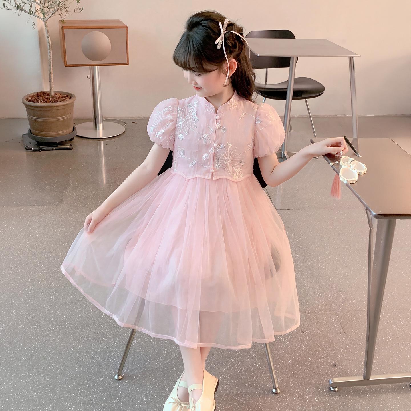 Girls 2026 Summer Chinese-Style Mesh Sequin Princess Dress 150cm