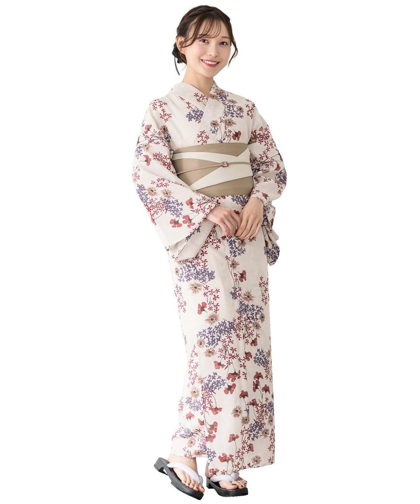 SOUBIEN Floro Yukata Set Free Hydrangea Floral Pattern X Women's Two-Piece (Yukata/Half-Width Obi), Size, Beige, Ykt10148-obh10027