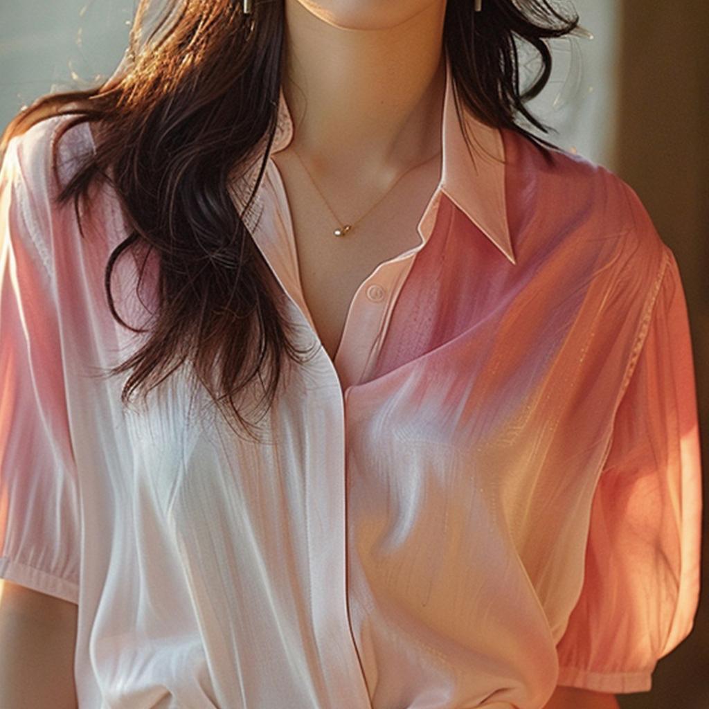 2025 New Unique and Beautiful Design Sense Summer Pink and White Gradually Changing Color Shirt for Women's Niche Age Reducing Top