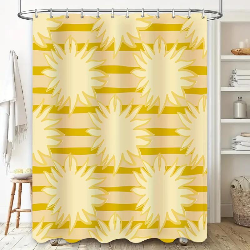 Modern Sunburst Shower Curtain Waterproof Home Decor Bathroom Liner Yellow Stripes Pattern Shower Paneling Tiles Backsplash Remo