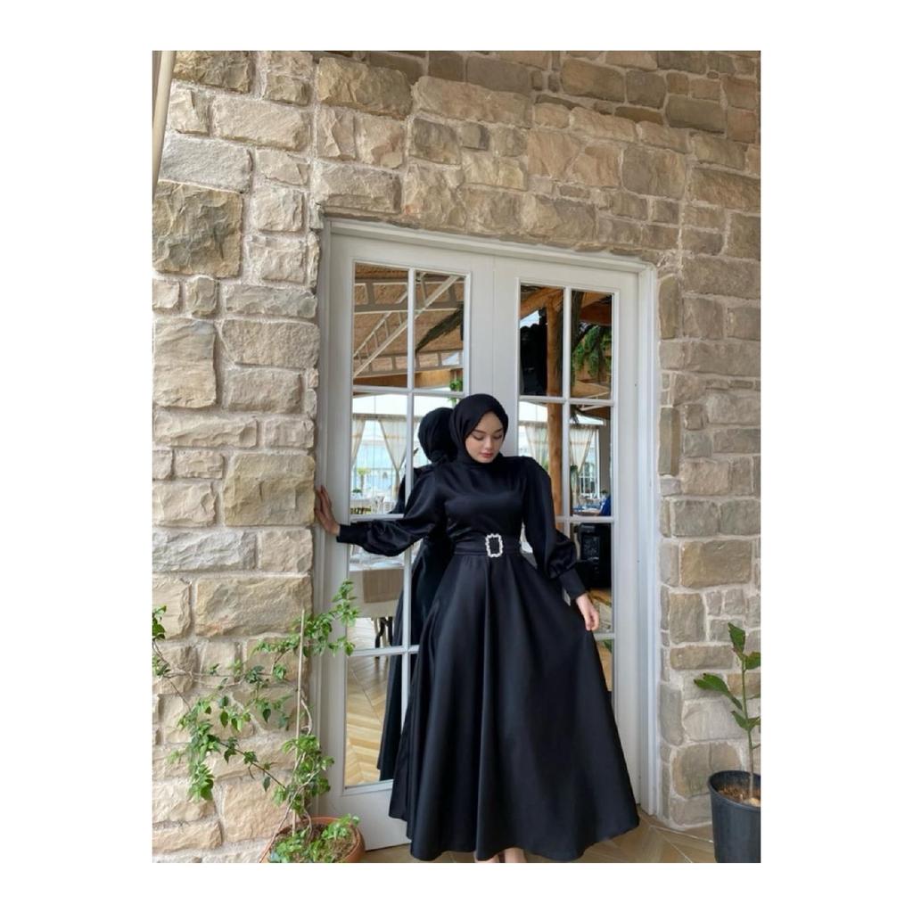 Women's Black Satin Belted Bellae Dress