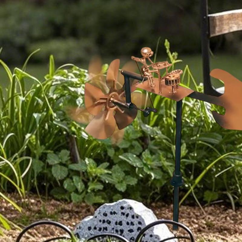 Mulino a vento in metallo fatto a mano con batterista, Statuette e statue di musicisti percussionisti, Scultura cinetica alimentata dal vento, Girandole a vento per decorazione da cortile, prato, giardino