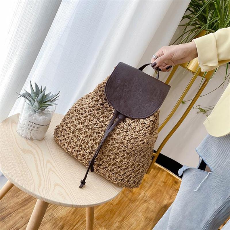 Yogodlns New Women's Backpack Crochet Paper Rope Braided Drawstring Women's Straw Backpack Summer Travel Outing Ladies Woven Backpack