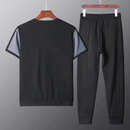 2Pcs/Set O-Neck Short Sleeve Casual Outfit Elastic Waistband Drawstring Pockets Men Patchwork Color T-shirt Jogging Pants Set Streetwear
