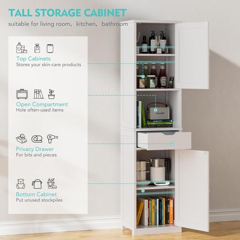 Tall Bathroom Storage Cabinet, 64”H Narrow Storage Unit for Small Spaces, Freestanding Modern Cabinet with Adjustable Shelves