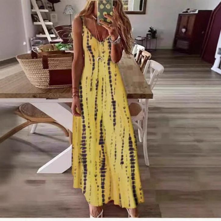 Summer European and American new suspender dress wish tie-dye printing big pendulum long dress casual dress