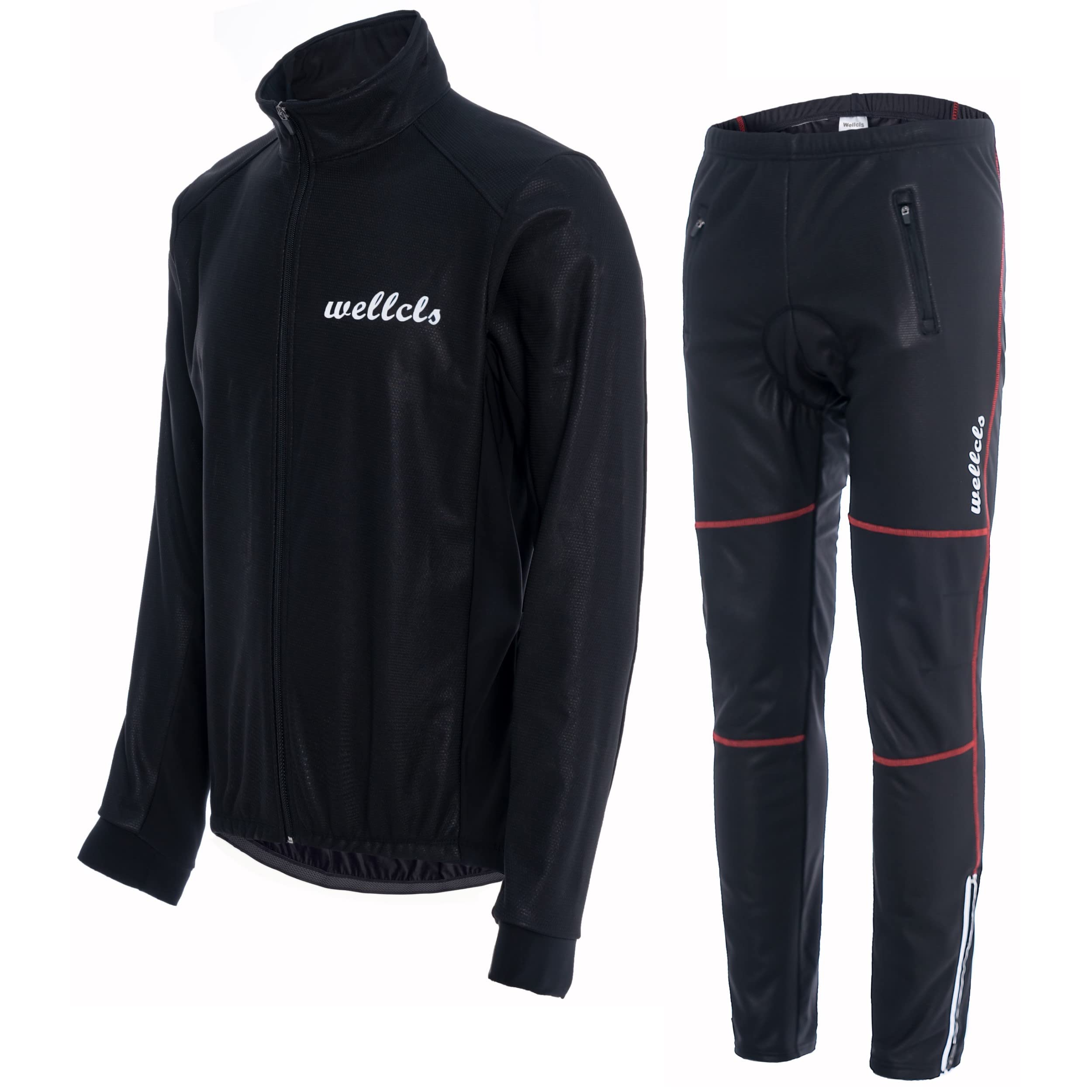 

Wellcls Winter Cycling Jacket & Pants Set, Windproof / Fleece Lining (Men’s Cycling Wear, Black/Red, Size XL)