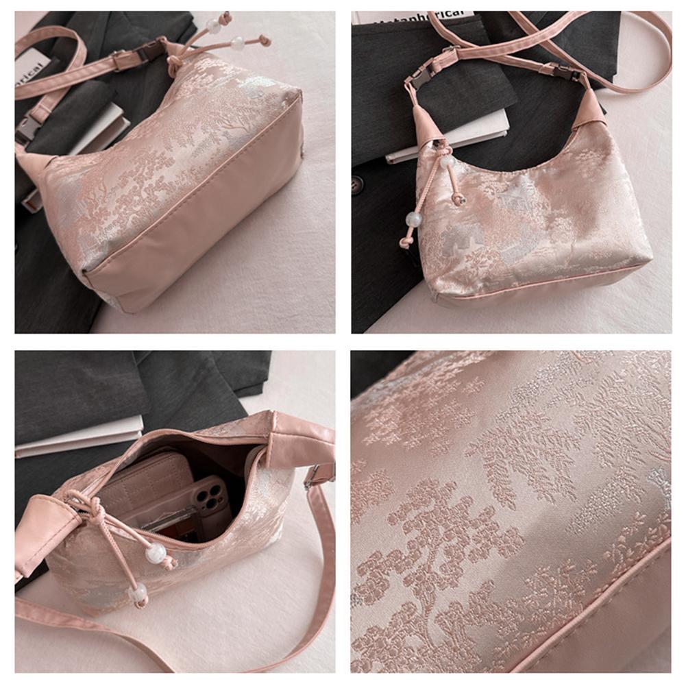 Women Soft Nylon Crossbody Bag with Pearl Pendant Casual Sling Bag Adjustable Strap Stylish Handbag Travel Shopping Work Bag