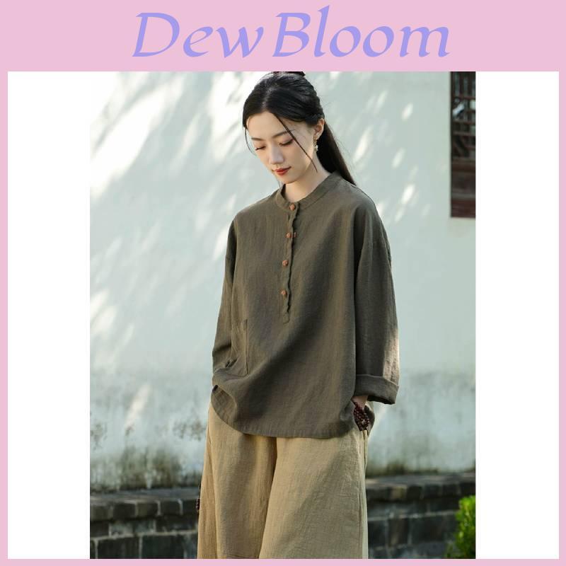 Spring Linen Cotton Womens Shirt With Colorblock Buttons For Vintage Style Casual Wear