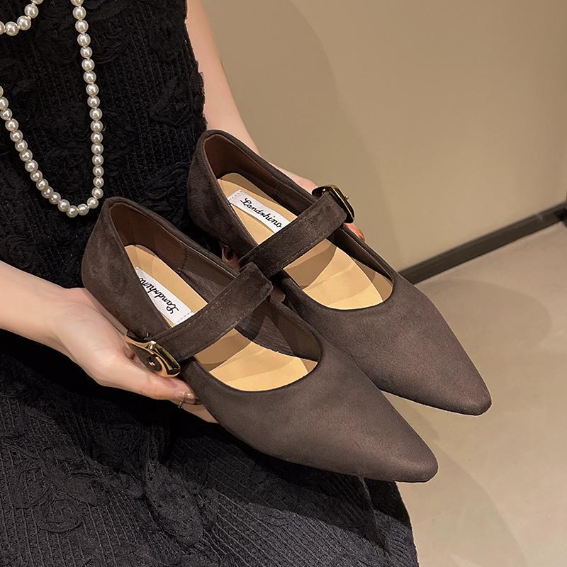 2025 Low Heeled 2cm Women Pumps One Word Buckle Strap Design Solid Color Female Shallow Mouth Pointed Toe Comfy Low Heeled Shoes