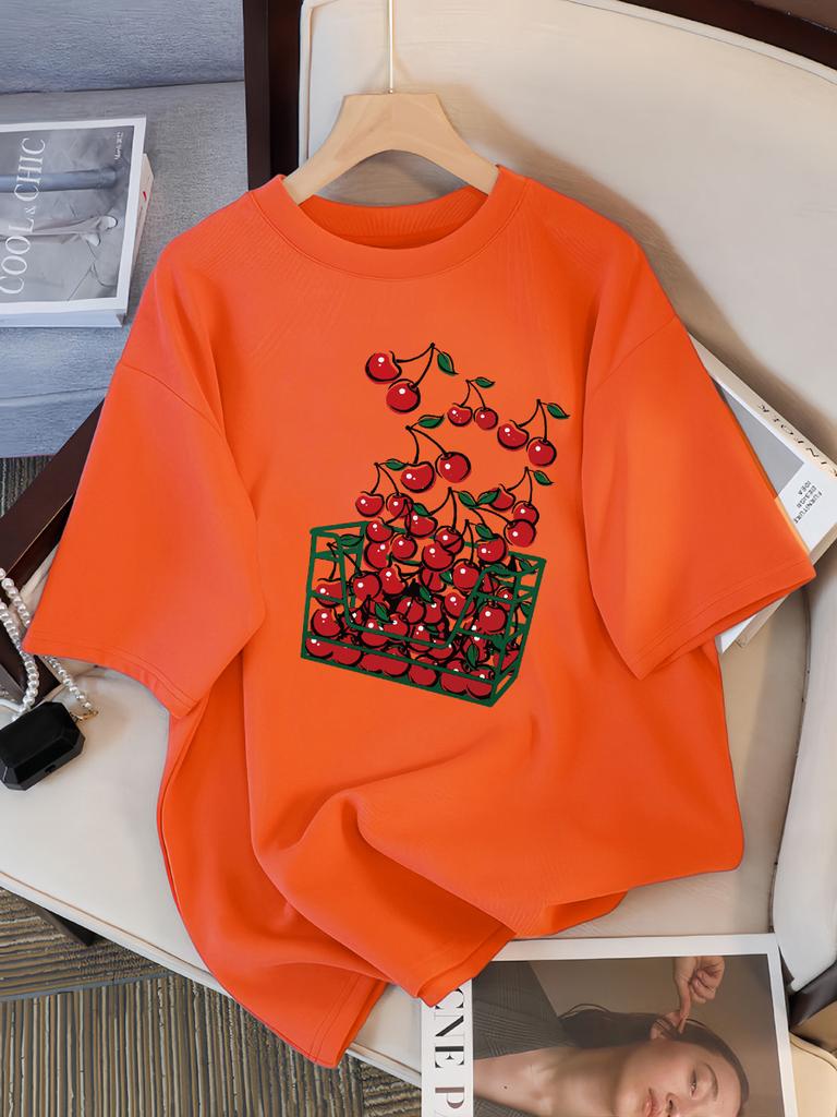 A Basket Of Cherries Printing Female Tee Shirt Breathable Casual T-Shirts Summer Short Sleeve Soft Loose Streetwear Women