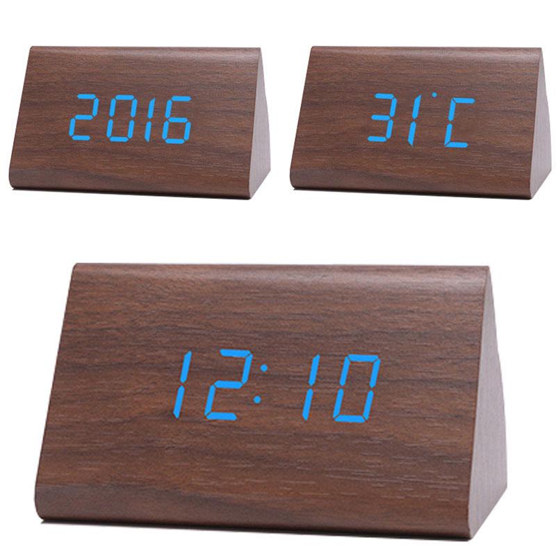 Classical Triangular Blue Digital LED Wood Wooden Desk Alarm Clock Thermometer