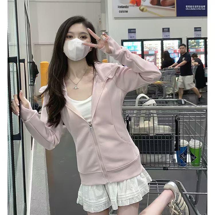 Women's Spring Hooded Cardigan - Sporty Slim Fit, Cinched Waist, Stylish Drop Shoulder, Versatile Short Top for Dopamine Dressing