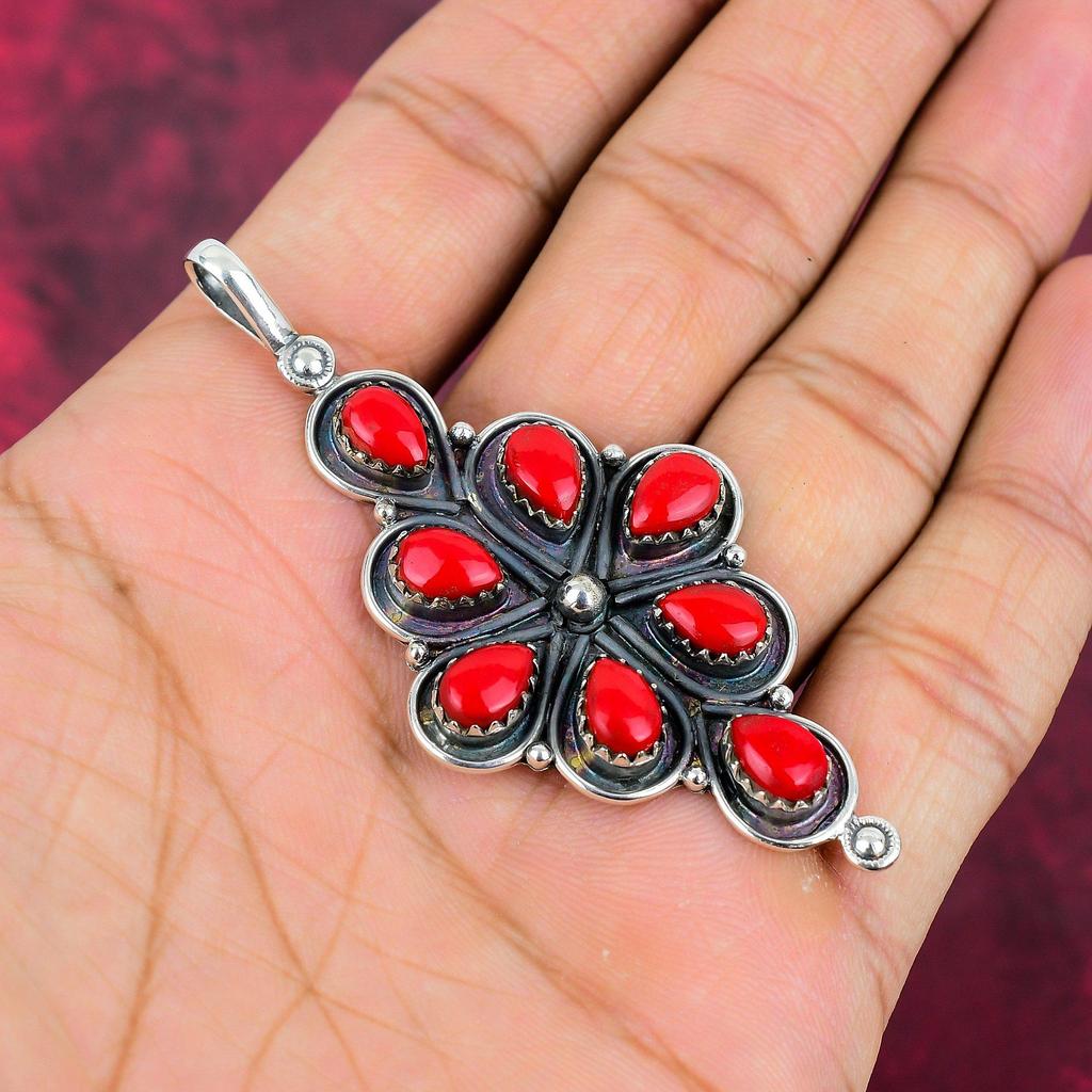 Pendentif en corail rouge fait à la main, pendentif en argent sterling massif 925, bijoux anciens, pour cadeau de fiançailles