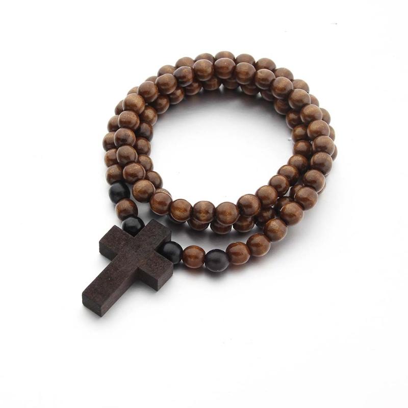 Classic Natural Wood Beads Crucifix Pendant Necklace for Men Women Religious Rosary Jewelry Handmade Prayer Accessories