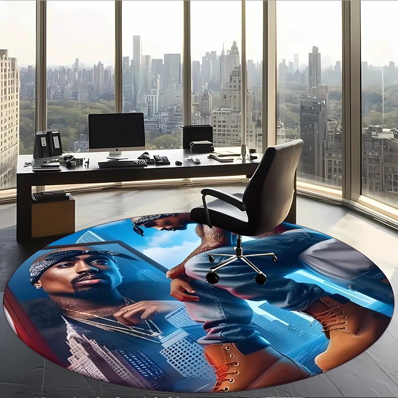 Tupac (26) Round Office Rug Decorative Floor Rug for Office Bedroom Living Room and Home Space