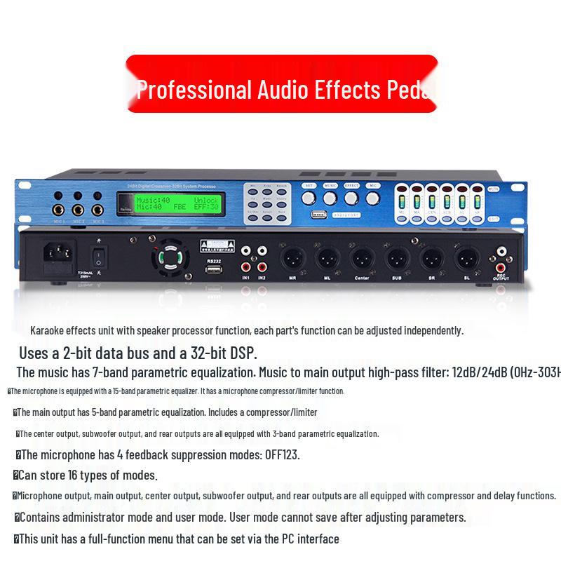 Professional 4-In 8-Out Digital Audio Processor with Noise Gate and Anti-Howling Equalizer for Stage and Line Array Speakers