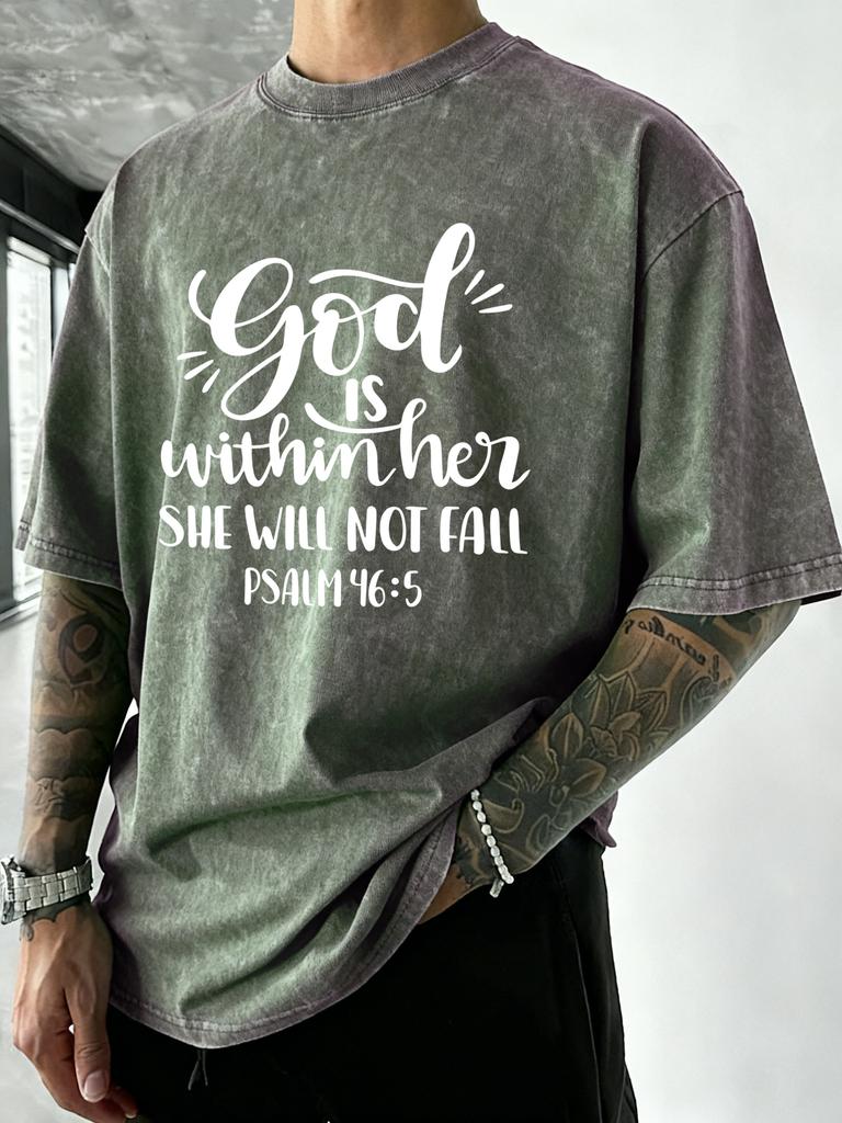 God Is Within Her She Well Not Fall Print Washed TShirt Men Loose Cotton T Shirts Soft ONeck Clothes Beach Vacation Streetwear