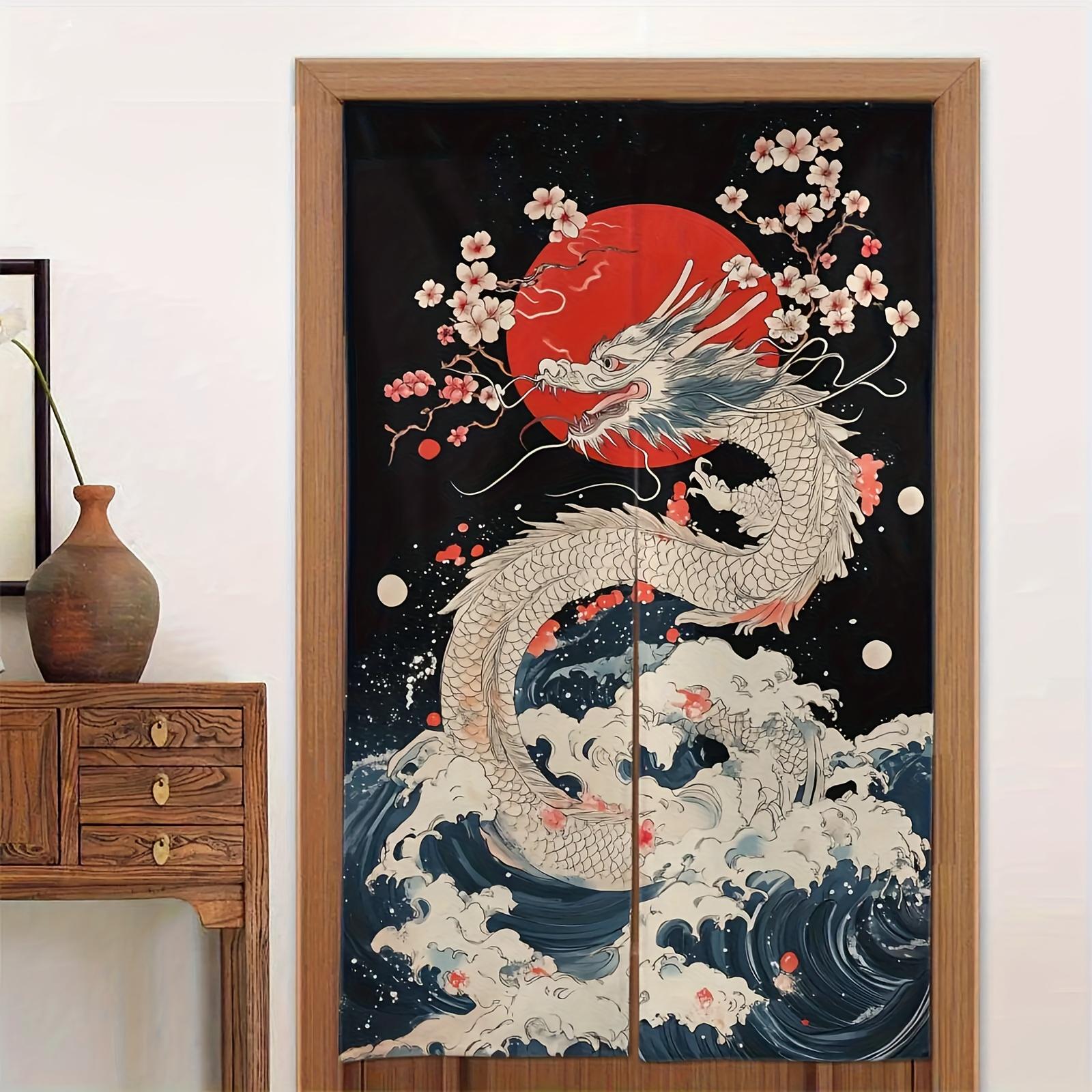 

1pc Jiaolong Ocean Wave Dragon & Cherry Blossom Japanese-Style Door Curtain, 33.86inch x 56.3inch - Traditional Linen Design wit 65x100cm26x39in