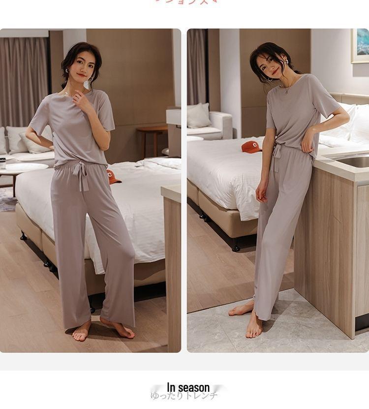 New Women's Solid Color Ice Silk Loungewear Two-Piece Set - Casual Soft Style